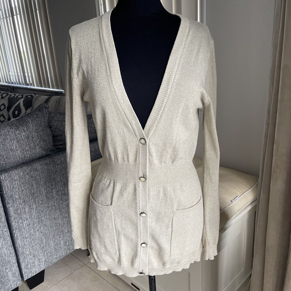 Duro Olowu Knit Cardigan Ivory Gold V Neck Pockets Ribbed Waist S